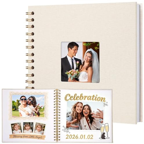 WDCSOEH Leineneinband Album 8 Zoll Beige Fotoalbum zum Selbstgestalten | DIY Fotobuch zum Einkleben Personalisiertes Photo Album mit Sichtfenster Erinnerungsbuch für Hochzeit Baby Reise