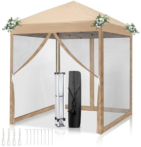 LEADZM Gazebo 2x2m, Pieghevole, Impermeabile, Protezione UV 50+, Regolabile in Altezza con 4 Zanzariere, Stabile, Ideale per Giardino, Terrazza, Campeggio e Uso Commerciale, Khaki