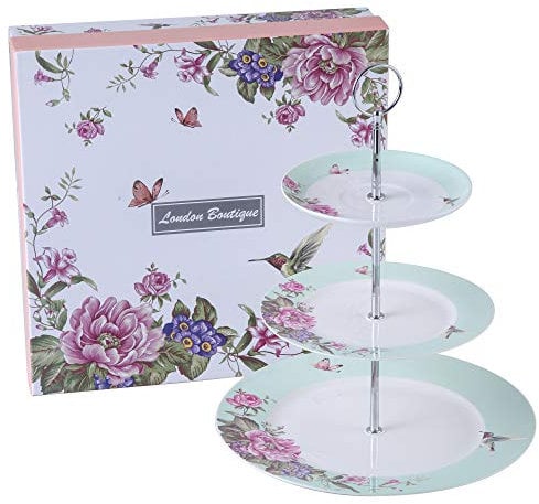 Cake Stand, London Boutique afternoon tea stands 3 tier cake stand Vintage Flora Rose New Bone China Serving Plate for Tea Party High tea Gift for Her (Green)