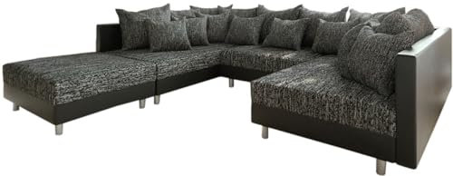 DELIFE Couch Clovis Schwarz mit Hocker Wohnlandschaft Modulsofa
