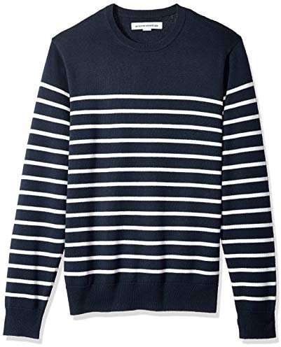 Amazon Essentials Men's Long-Sleeve Crewneck Jumper, 100% Cotton, Big & Tall Options Available, Dark Navy White Stripes, L