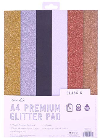 Dovecraft A4 Glitter Card Pad - 24 Sheets - Non-shed - 300 GSM - 6 Colours - Gold, Silver, White, Black, Copper and Rose Gold - for Scrapbooking, Card Making, Home Décor, Party Crafts, One Size