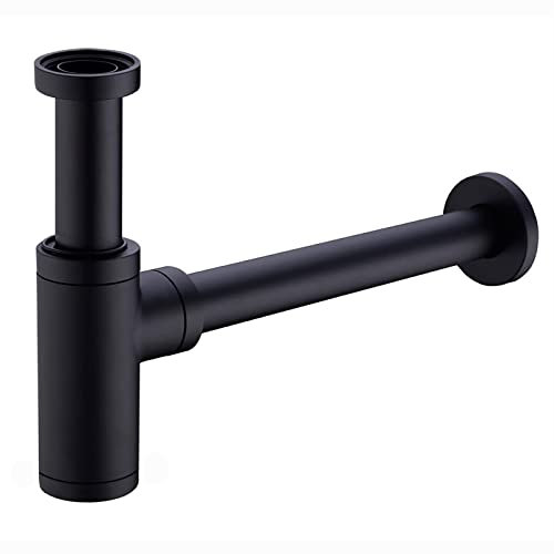 Laiton Siphon de Lavabo, Keymark Universel Syphon avec 200mm Tube d'extension, 1 1/4 x 32mm Réglable Sifon Anti Odeur Anti-fuite, Noir Mat