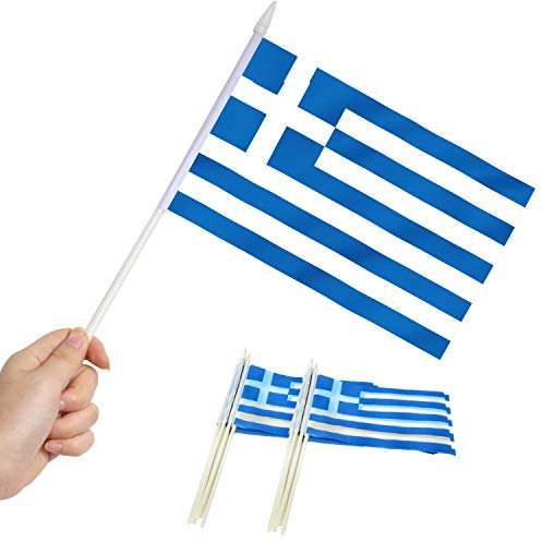 Anley Greece Mini Flag 12er Pack - Handgehaltene kleine griechische Miniaturflaggen am Stick - Lichtecht und lebendige Farben - 5 x 8 Zoll mit massiver Stange und Speerspitze