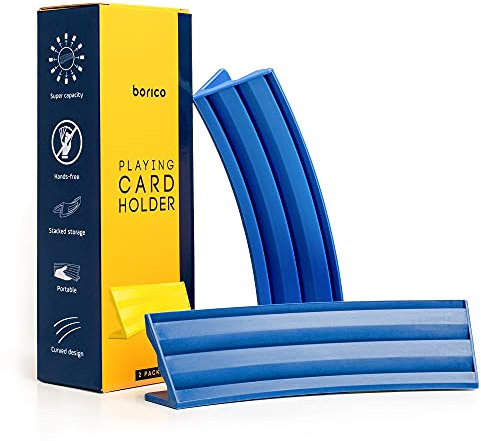 BORICO - Porta carte da gioco per bambini e adulti (confezione da 2), portatile e impilato, vassoio per carte da gioco per pazienti con artrite con custodia da viaggio, colore: blu