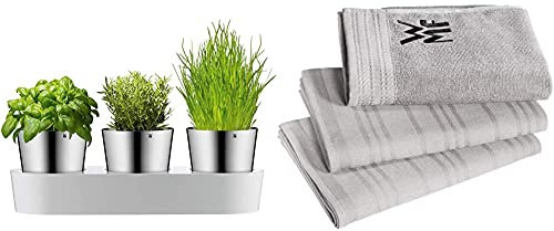 WMF Gourmet Kräutertopf mit Bewässerungssystem 3-teilig, Kräutergarten für die Küche, 36x 12,5X 12,5 cm, für frische Küchenkräuter, weiß & Küchenhandtuch-Set, 3-teilig, Handtuch, Geschirrhandtuch