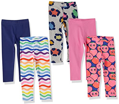Amazon Essentials Lot de 5 leggings pour fille Bleu/gris/rose/fraise/vagues, 7-8 ans