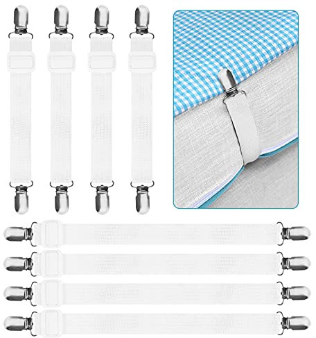 KEELYY Verstellbare Bettlakenspanner Weiß, 8 Stück bettlaken spanngurte mit Metallclips, Elastische Bettlakenspanner, Betttuchspanner Lakenspanner für Bettlaken, Matratze, Bügelbrett Oder Sofa