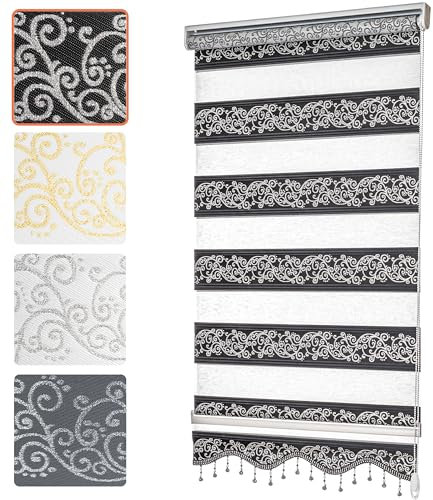 Bailena® Doppelrollo Klemmfix ohne Bohren - 4in1 Duo Rollo mit Muster Schwarz Silber Glitzernd 120x200cm - Ranken & Blumen Motiv Doppelrollo mit Perlen - Gardinen Rollos für Fenster & Tür