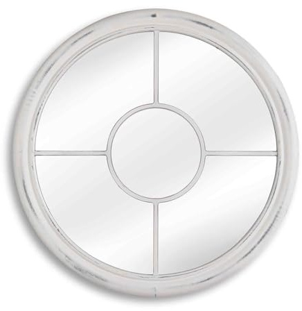 nielsen Beth Round Wall Mirror, Distressed White Wood, 50x50cm, Window Pane Design, with Hanger