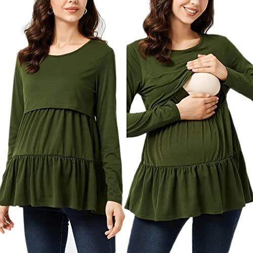 Buliezy Tops de Enfermería Manga Larga Camiseta de Lactancia para Mujer en Capas de diseño Camisas de Lactancia Materna Cuello Redondo Verde Blusa de Mujer Primavera/otoño,XS
