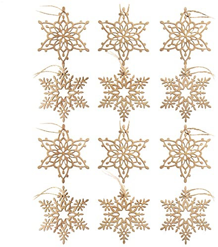 com-four® 12x Tannenbaumschmuck Holz-Anhänger Set - Weihnachtsbaumschmuck zum Dekorieren - Christbaumschmuck im Schneeflocken-Design