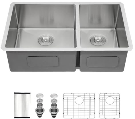33 Kitchen Sink Double Bowl - Lofeyo 33 x 19 Stainless Steel Kitchen Sink 60/40 Double Basin 16 Gauge Round Corner Undermount Kitchen Sink Basin