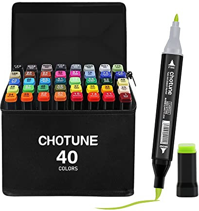 CHOTUNE 40 Farben Marker Set, 2023 Neueste Permanenter Marker, Einzigartiges Doppelkopf-Design, Ausgestattet mit Schwarzer Tragetasche Lagerbasis für Manga Skizzieren Zeichnung
