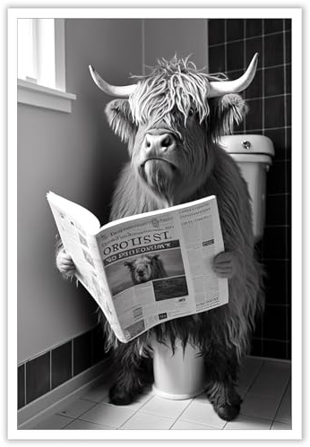 KOEUIRW Lustige Hochland-Kuh-Badezimmer-Leinwand-Wandkunst, schwarz-weiße Longhorns in der Toilette, ästhetisches Poster, Vintage, niedlicher Tierdruck, Gemälde, 61x91 cm, ungerahmt