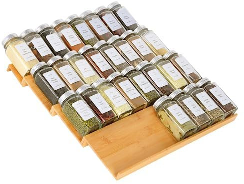 KitHero Spice Drawer Organzier,4 Tiers Bamboo Spice Rack Tray Insert for Cabinet Drawer Countertop, Kitchen Seasoning Storage Drawer Organization,14.57 Wide x 15.8 Deep (Hold UP To 32 Jars