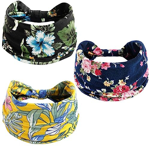 scicent Haarbänder Damen 3 Stück Breite Stirnband Elastische Weiche Haarband Sommer Boho Print Haarschmuck Yoga Sport Mehrfarbig Dünn Stirnbänder - 12909
