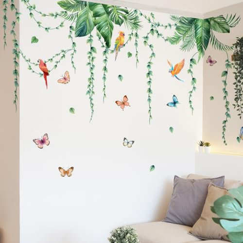 HGDESIGN® Wandtattoo Wandaufkleber Grüne Pflanzen Hängende Blätter Vogel Wohnzimmer Schlafzimmer Wandsticker Wandbild Flur Wanddeko (A)