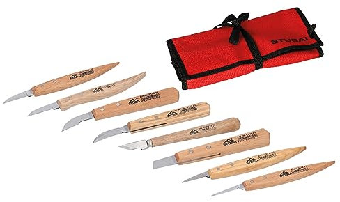 STUBAI Kerbschnitzmesser Satz 8-tlg. | mit vorgeschliffenen Messern (gerade, schräg, gebogen, zweischneidig) | Holzgriffe, Rolltasche | Profi Schnitzwerkzeug für Figuren, Reliefs & feine Holzarbeiten