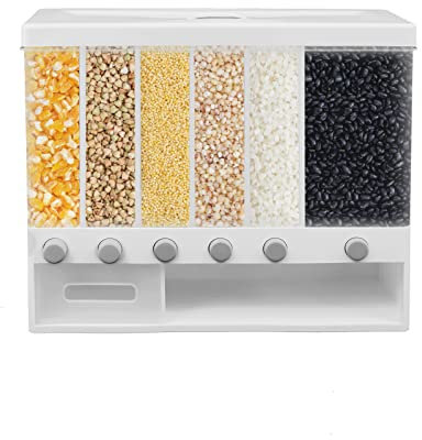 GramStudio Dispensador de cereales 6 en 1, dispensador de alimentos montado en la pared para arroz negro, arroz amarillo, frijol rojo, arroz, frijol mungo, soja