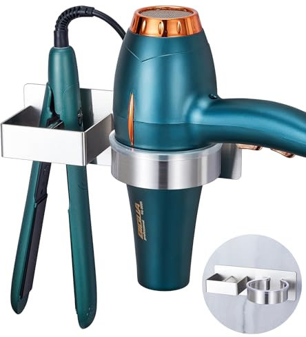 YYBO Hair Dryer and Straightener Holder, Hair Dryer Holder Wall Mount, Adhesive Hairdryer Holder Station, Stainless Steel Hair Dryer Stand, Hair Tool Organiser for Bathroom Barber Shops Dressing Table