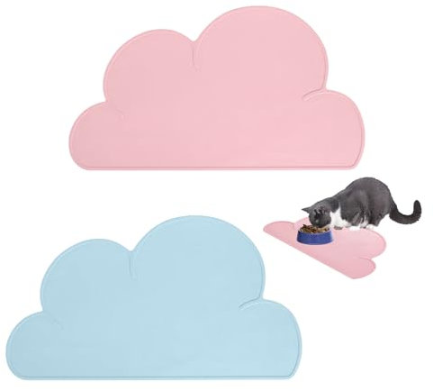 Lot de 2 sets de table en forme de nuage, tapis de table en silicone, tapis d'alimentation pour animaux de compagnie, sets de table isolés, adaptés aux animaux de compagnie (bleu + rose) (47,9 cm x
