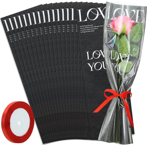 Single Rose Sleeve,Single Bouquet Packaging Bags with 1 Roll Red Edge Ribbon Plastic Black with LOVE Printed Flower Bags for Wedding Anniversary Valentine's Day Mother's Day 15.7x5.5 inch