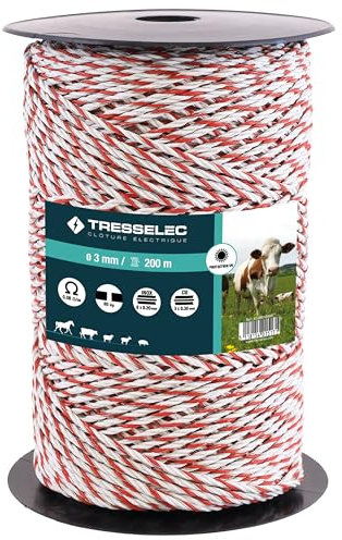 TRESSELEC - Filo per Recinto Elettrico Ø3 mm - Alta resistenza - 8 fili di acciaio inox Ø0,20 mm e 3 fili di rame Ø0,30 mm - Bobina 200m - Ideale per recintare mucche, pecore, capre e cavalli
