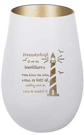 Der-Porzellan-Laden Windlicht mit Gravur Freundschaft ist wie EIN Leuchtturm, Weiß Gold, Teelichthalter aus Glas mit Spruch, Tischdeko modern