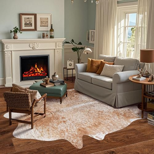 Kuhfell-Teppich, Kuhfell-Druck, Kunstrindsleder, westliche Heimdekoration, Tier-Kunstfell, brauner Teppich für Wohnzimmer, Schlafzimmer, Büro, hellbraunes Rindsleder, 1,9 x 2,2 m