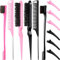 12 Stück Haarbürsten-Set, Nylon Teasing Haar Bürsten 3 Row Salon Teasing Brush, Double Sided Hair Edge Brush Smooth Comb Grooming, Rat Tail Kämme mit Duckbill Clips für Frauen Mädchen (Schwarz, Rosa)-