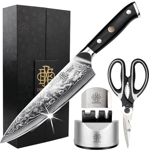DWELLUXE Damascus Chef Knife Set - 8 Japanese VG-10 High Carbon Steel Professional 67-Layers Damascus Kitchen Knife with G10 Handle, 3-in-1 Sharpener, Multi-Use Kitchen Scissor & 304 Finger Protector