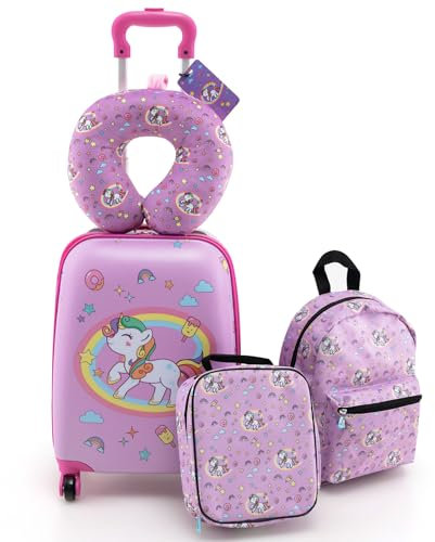 COSTWAY 5 teiliges Kinderkoffer + Rucksack, Kindertrolley mit Lunchbox, Gepäckanhänger & Nackenkissen, Kindergepäck mit Rollen, Handgepäck Reisekoffer Hartschalenkoffer für Jungen & Mädchen (Einhorn)