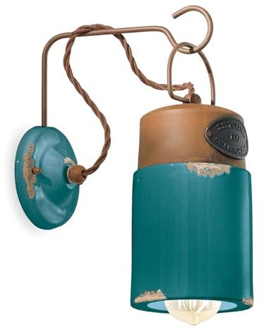 Licht-Erlebnisse Wandleuchte Keramik Metall B: 12,5 cm in Petrol Shabby Antik Rostbraun Handarbeit für E27 Vintage Wandlampe Wohnzimmer Küche CLAUDIA