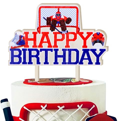 CORNER LACE Hockey-Kuchenaufsatz aus Holz, Eishockey-Ball, Happy Birthday-Kuchendekorationen, Lacrosse-Sport-Mottoparty-Zubehör, Gastgeschenk-Dekoration