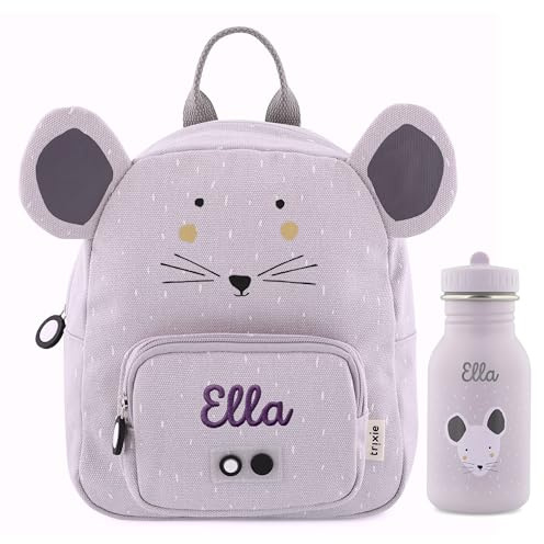 Trixie Rucksack und Trinkflasche Kinderrucksack Kindergartenrucksack Kitarucksack und Trinkflasche Kinder personalisiert mit Namen einzeln oder als Set (Maus, Set: Rucksack SMALL + Flasche 350ml)