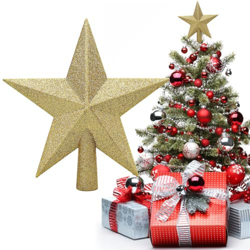 Christbaumspitze Stern Gold, 20cm Glänzende Weihnachtsbaumspitze aus robustem & bruchsicherem Kunststoff – Klassische Baumspitze für Weihnachten, Elegante Tannenbaumspitze