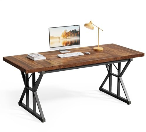 LITTLE TREE Großer Chefschreibtisch, moderner Computer-Büroschreibtisch, Holzschreibtisch, Arbeitszimmertisch für Heimbüro, 180 cm, Braun-Schwarz