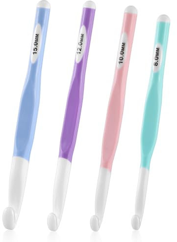 4 Pack Large Ergonomic Crochet Hook Set - 8mm, 10mm, 12mm, 15mm - Rubber Handle DIY Yarn Weaving Tools for Knitting Blankets, Shawls, Carpet