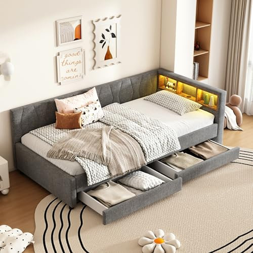 Aoskem Polsterbett Tagesbett Einzelbett 90x200 mit 2 Stauraum Schubladen, Kinderbett LED-Kopfteil mit USB/TypC, Sofabett Jugendbett Schlafsofa Bettgestell mit Lattenrost, Ohne Matratze, Leinen (Grau)