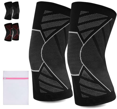 360 RELIEF - 1 Pair Knee Support for Women & Men, Compression Knee Sleeves for Sports, Running, Squats, and Workouts, Flexible & Comfortable Fit, Medium, Black/White + Laundry Bag