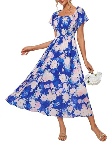 GRACE KARIN Robe Longue Femme de Plage Été Robe Floral Elegant de Soirée Demoiselle d'honneur Floral-Bleu Rose L