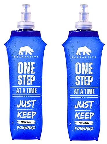 Bearactive Motivational Soft Flask 500ml, Lightweight Collapsible Water Bottle, Running Bottle BPA Free Plastic, Leak Proof Foldable Water Bottle for Running Vests & Belts (Blue 2 x Soft Flask)