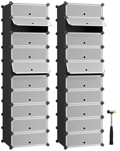 SONGMICS Schuhregal mit 10 Ebenen, 2er Set, Steckregal, Regalsystem, Schuh-Organizer, DIY-Regal, mit Tür, aus PP-Kunststoff, schwarz LPC010B02