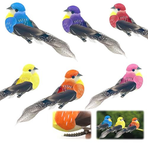 dellyy 6 Stück Bunte Künstliche Feder Schaum Vögel Auf Clips,Künstliche Federvögel,Deko Vögel Mit Clip,Geeignet für Geburtstag, Hochzeit, Feiertagsdekoration, Heimdekoration