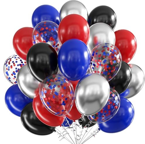 Luftballons Rot Blau Schwarz, 60 Stück 12 Zoll Schwarz Rot Blau Spinne Latex Luftballons Metallic Silber Ballons mit Konfetti Party Ballons, Spinnen Held Thema Geburtstag Deko für Kindergeburtstag