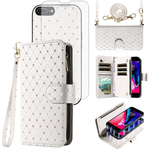 Compatible with iPhone 7plus 8plus 7/8 Plus Wallet Case Zipper Cell Screen Protector Crossbody Lanyard Strap Bling Glitter Flip Phone Cover for i Phone7s 7s + 7+ 8s 8+ Phones8 7p 8p Women White