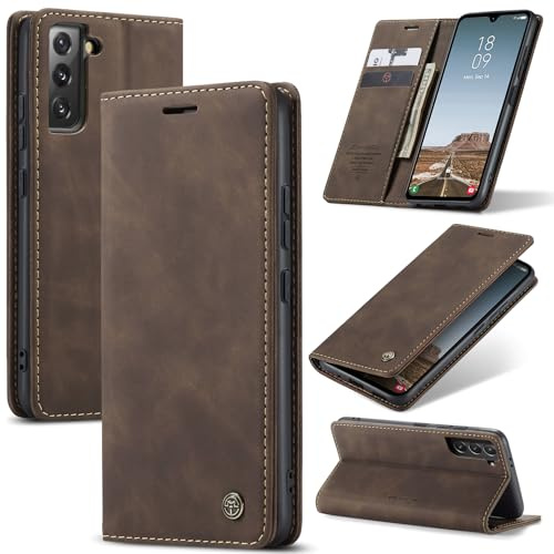 Azororo Handyhülle für Samsung Galaxy S21 5G Hülle Premium Lederhülle Flip Case Magnet Tascher Kartenfach Standfunktion Klapphülle Schutzhülle für Samsung Galaxy S21, Kaffee