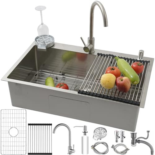 SCYOMSTORE Fregadero de acero inoxidable con grifería, 80 × 50 cm, 1 lavabo, fregadero empotrable de acero inoxidable, rectangular, juego de cocina, fregadero grande, incluye cesta de drenaje y sifón