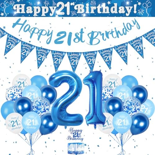 21 Geburtstag Deko, Luftballon 21. Geburtstag Blau,Happy Birthday Banner, Blau Riesen Folienballon Zahl 21. Luftballon Dekoration